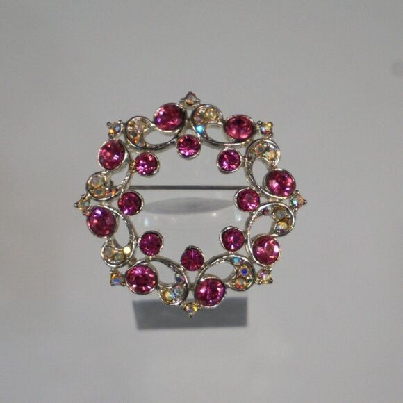 Sparkling Pink Rhinestones Brooch Silver Tone Metal 1.75 inch - Picture 6 of 6